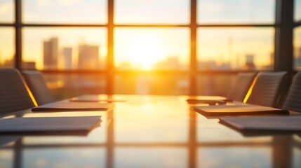 Aufkleber - Modern Office Conference Room with Wooden Table and City Sunset View Through Glass Windows : Generative AI
