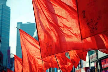 Poster - A group of red flags placed on a city street, suitable for events or protests