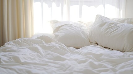 Poster - Cozy unmade bed with fluffy pillows and natural light streaming through sheer curtains : Generative AI