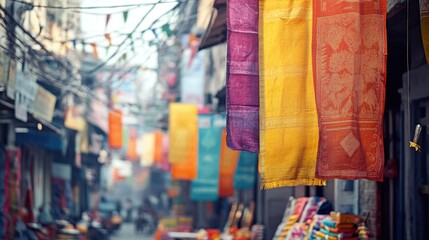 Poster - A city street scene with colorful cloths hanging from the ceiling, perfect for decoration or background
