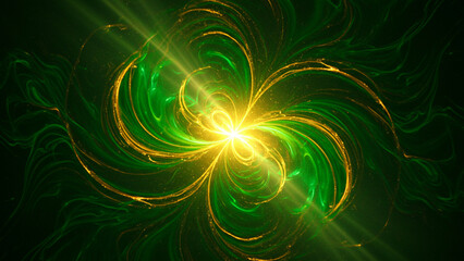 Leinwandbilder - An abstract design showcasing a green and gold backdrop illuminated by luminous rays