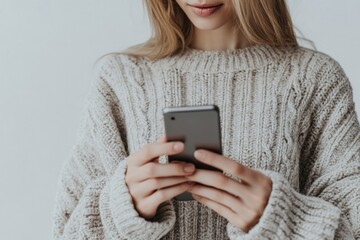 Poster - A woman holds a cell phone while wearing a sweater