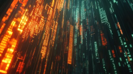 Poster - Abstract digital data stream, glowing orange and teal code falling.