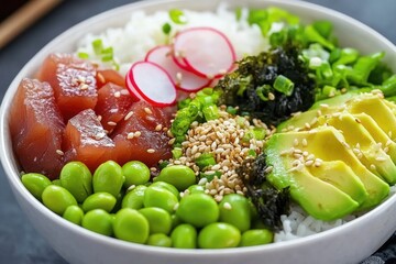 Poster - Bowl of rice, veggies, and meat ready for serving