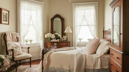 Poster - A romantic bedroom with antique furniture, soft pastel linens, and lace curtains