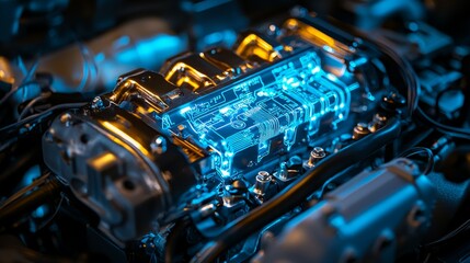 Poster - Illuminated Engine Component with Digital Overlay in Mechanic Shop