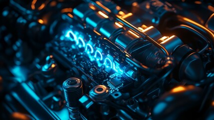 Poster - Futuristic Engine Technology with Neon Lights and Circuit Board Detail