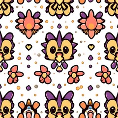 Wall Mural - Cute Dragon Seamless Pattern: A delightful seamless pattern featuring adorable cartoon dragons with big eyes and floral accents. The whimsical design boasts a vibrant color palette of yellow, orange.