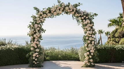 Poster - A romantic floral archway made of white roses, pastel peonies, and ivy vines