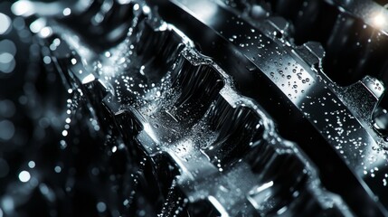 Poster - Close-Up of Metallic Gear with Water Droplets and Reflections