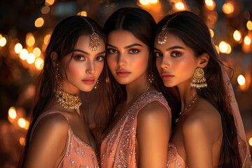 Wall Mural - three smiling Indian women with flawless makeup and elegance. The models are posing in a luxurious setting with warm lighting, surrounded by softly glowing diyas.