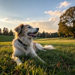 Poster - Relaxed Dog Enjoying a Sunset in a Grassy Park. Generative AI