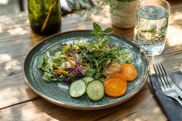 Poster - A colorful plate of mixed greens, cucumbers, and carrots, ideal for healthy recipes or food blogs
