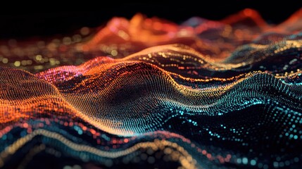 Poster - Abstract digital landscape with colorful particles flowing like waves.