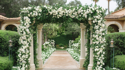 Poster - A romantic floral archway made of white roses, pastel peonies, and ivy vines