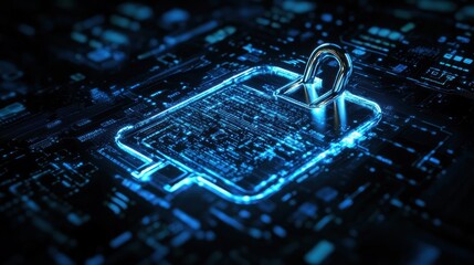 Poster - Abstract digital security concept; glowing circuit board with padlock.