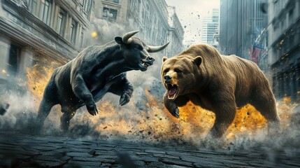 Wall Mural - A bull and bear fighting with a stock market graph background