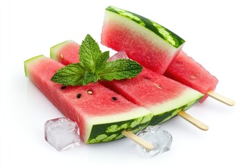 Poster - Fresh watermelon slices garnished with mint leaves, perfect for summer salads or snacks