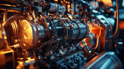 Poster - Detailed Close-up of Industrial Engine with Orange Lighting Effects