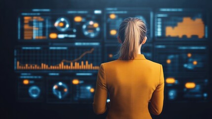 Leinwandbilder - Businesswoman Analyzing Data Insights on Digital Screens in Modern Office Environment with Graphs and Charts
