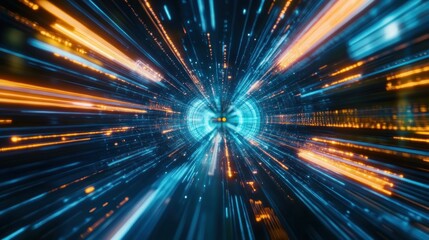 Aufkleber - Abstract digital tunnel with glowing orange and blue light streaks.