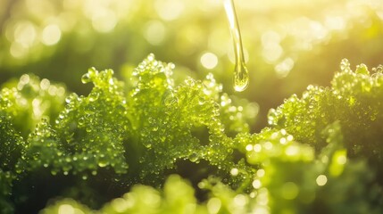 Poster - Close-Up of Fresh Green Moss with Water Droplet in Soft Natural Light During Morning Dew