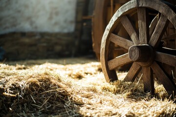 Poster - A wooden wagon wheel sits atop a pile of hay, perfect for rustic or country-themed designs