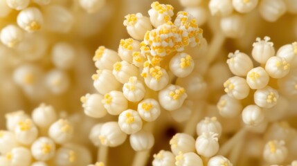 Poster - Delicate Cream Flowers with Yellow Tips in a Close-Up View Capturing Nature's Intricate Beauty