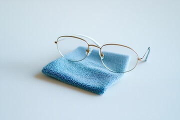 Aufkleber - A pair of glasses resting on a blue towel, great for still life or decorative scenes