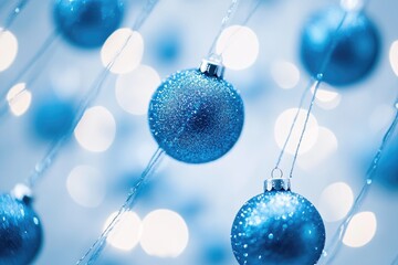 Poster - A string of blue Christmas ornaments hanging from above, ideal for festive decorations and holiday displays
