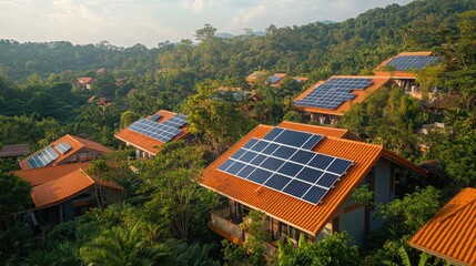 Poster - A collection of houses with solar panels installed on their roofs, a sustainable energy solution