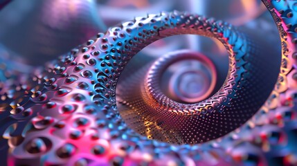 Poster - an abstract, colorful, textured 3d render of a spiral shape.