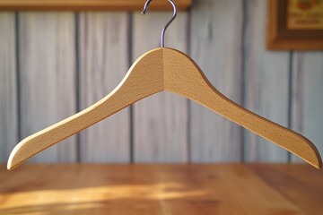 Poster - A wooden hanger sits on a wooden table, ready for use