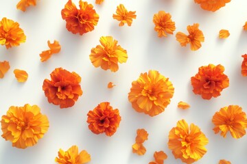 Poster - Close-up of bright orange flowers arranged on a clean white surface, perfect for use in still life or floral-themed designs