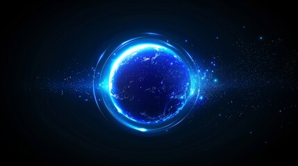 Poster - Blue planet with glowing rings and stars in dark space background enhancement of cosmic beauty