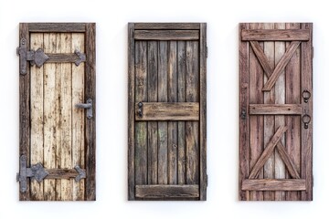 Poster - A row of three wooden doors mounted on a wall, perfect for various scenarios where doors are the focus
