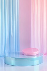 Poster - A bathroom with a pink and blue color scheme, featuring a toilet and shower curtain
