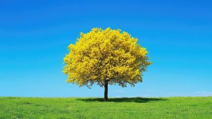Poster - A single tree stands tall in a lush green grassy field under a bright blue sky