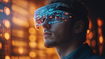 Poster - Man wearing futuristic glasses displaying digital data.