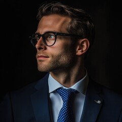 Poster - A businessman in a suit and tie looking off to the side, possibly contemplating or waiting for something