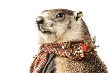 Aufkleber - A close-up view of a groundhog wearing a scarf, perfect for winter or autumn themed projects