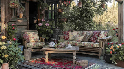 Poster - A rustic patio with distressed wooden furniture, floral cushions, and a vintage tea se
