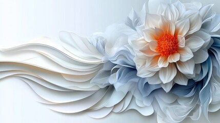 Poster - Abstract floral artwork with flowing, layered paper-like petals in white, blue, and orange hues.