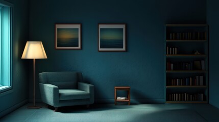 Poster - Cozy and Minimalistic Interior Scene with Blue Walls, Chair, Lamp, and Bookshelf in Dim Lighting