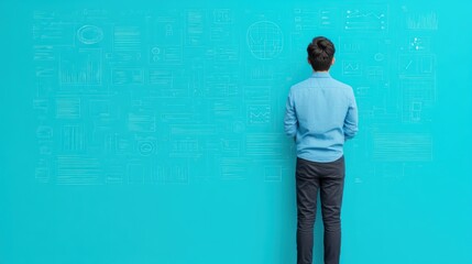 Aufkleber - Business Professional Analyzing Graphs and Data Illustrated on Bright Blue Wall in Creative Workplace Setting