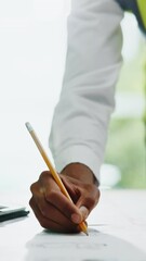 Poster - Pencil, writing and hand of architect with blueprint for building notes, contractor ideas or development. Project management, paperwork and engineer in office planning design, layout or construction