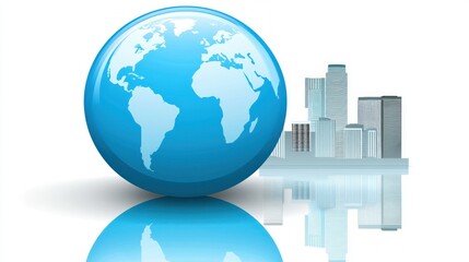 Poster - Blue Globe with World Map Alongside Modern City Skyline Reflecting on Surface