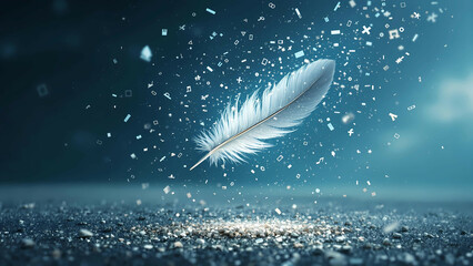 A delicate feather floats amidst an array of symbols, representing knowledge and information.