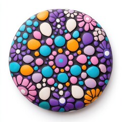 Poster - Vibrant Hand-Painted Decorative Stone with Colorful Floral and Geometric Patterns on Dark Surface