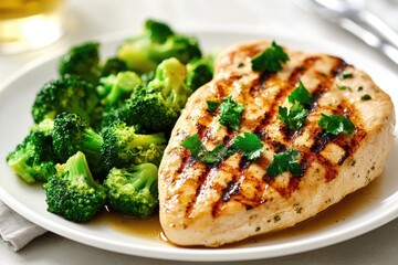 Poster - Fresh chicken and steamed broccoli on a white plate, ideal for food photography and meal inspiration